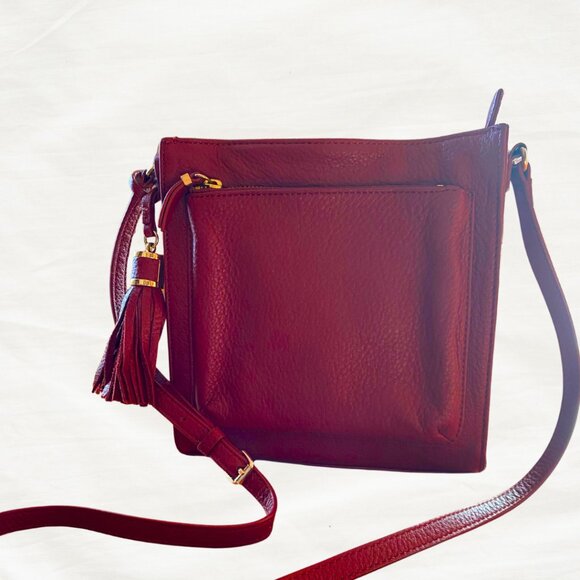 Talbots Red Leather Tassel Crossbody | Pebbled Leather Everyday Bag - Picture 4 of 6
